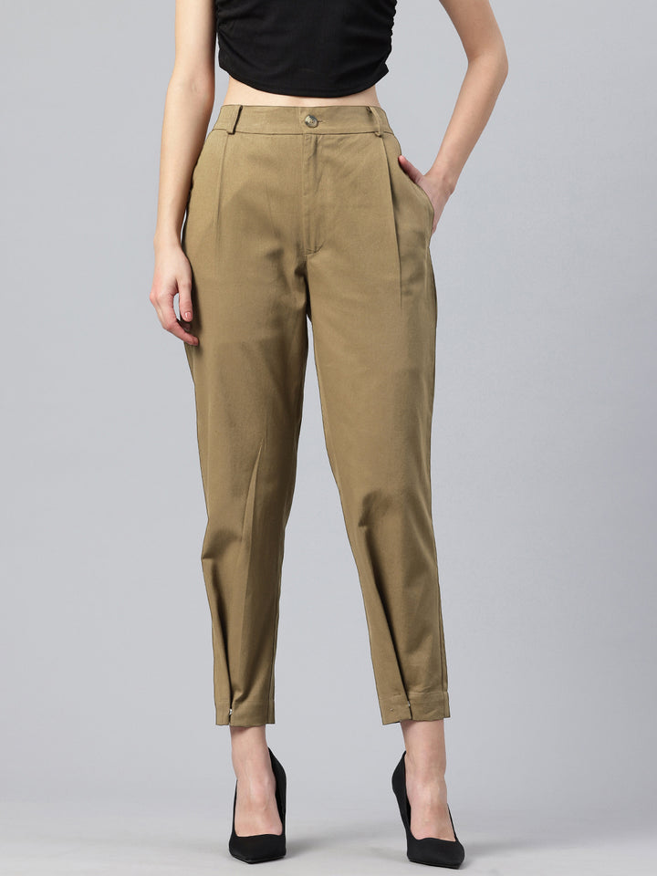 Popnetic Women Tapered Fit High-Rise Pleated Pure Cotton Chinos Trousers