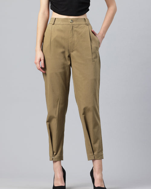 Popnetic Women Tapered Fit High-Rise Pleated Pure Cotton Chinos Trousers