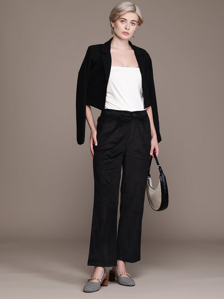 Popnetic Women Smart Straight Fit High-Rise Corduroy Pleated Trousers