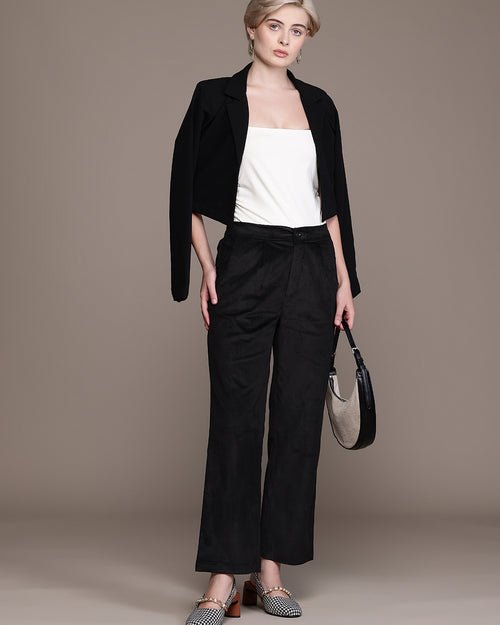 Popnetic Women Smart Straight Fit High-Rise Corduroy Pleated Trousers