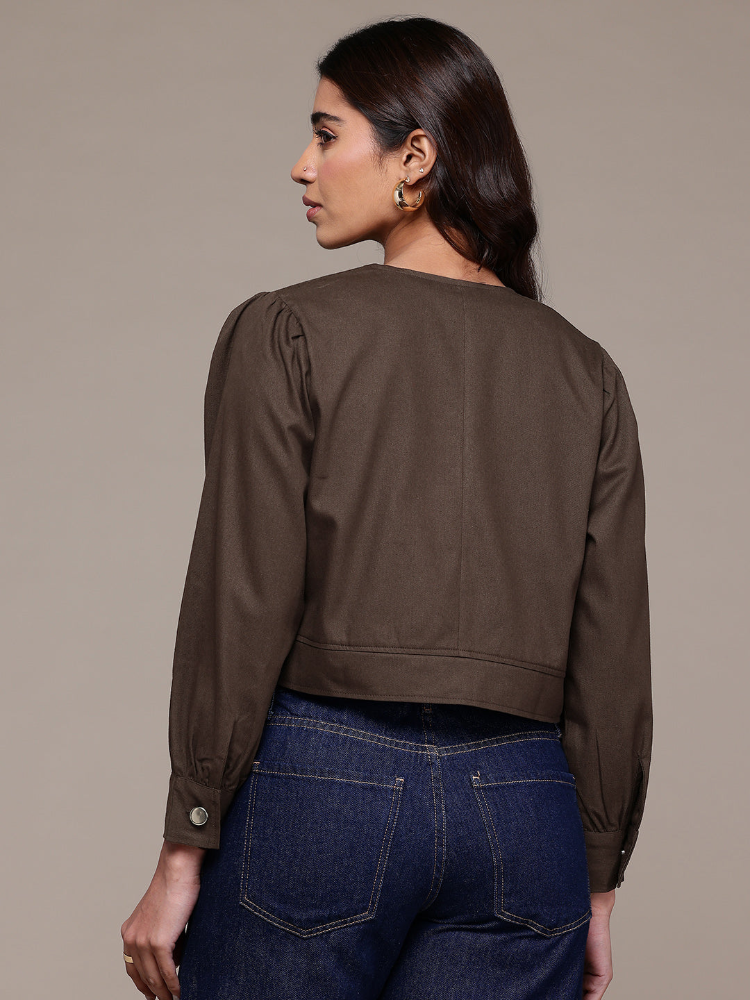 Popnetic Collarless Pure Cotton Crop Tailored Jacket