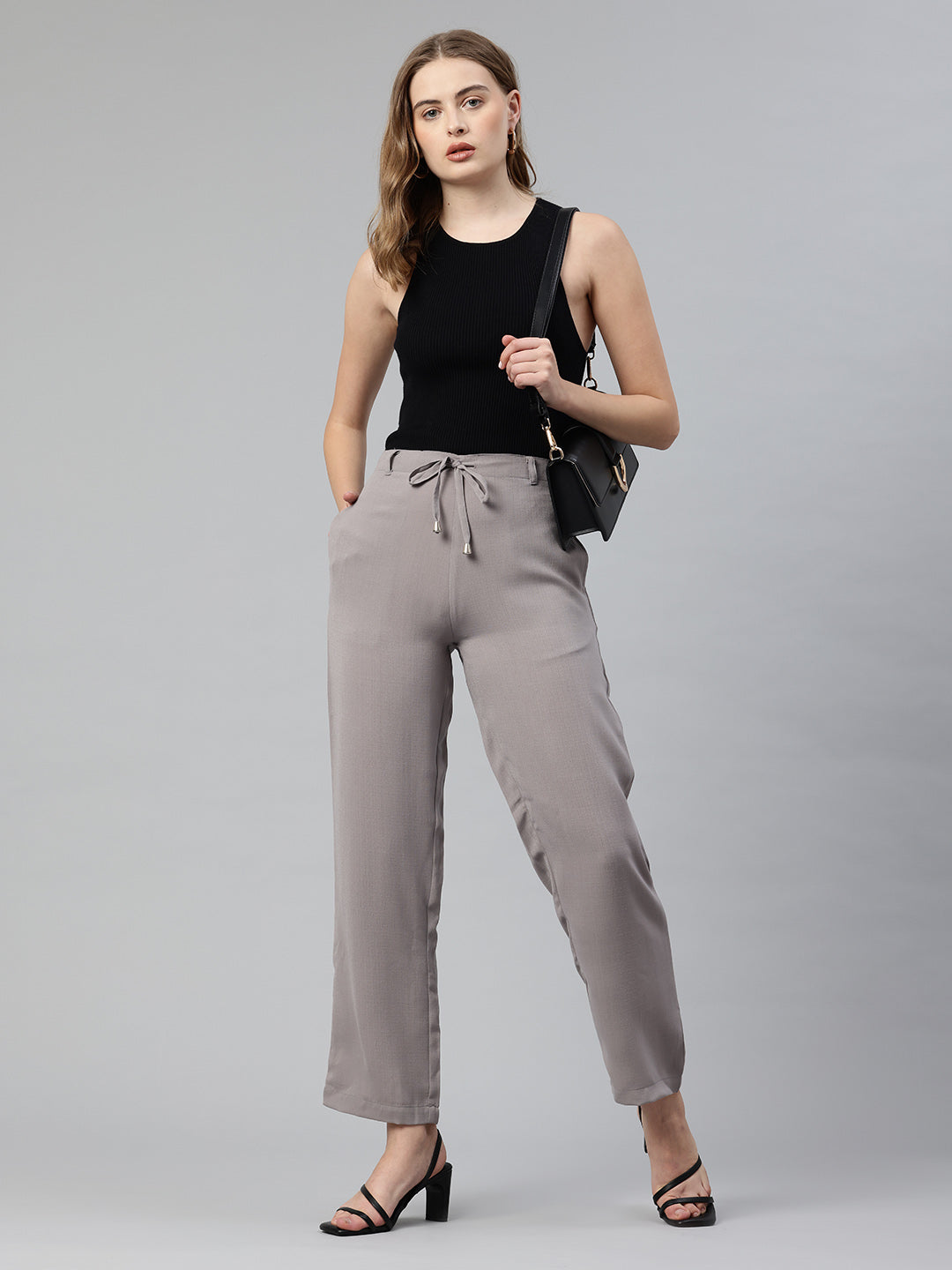Popnetic Women Textured High-Rise Straight Fit Parallel Trousers