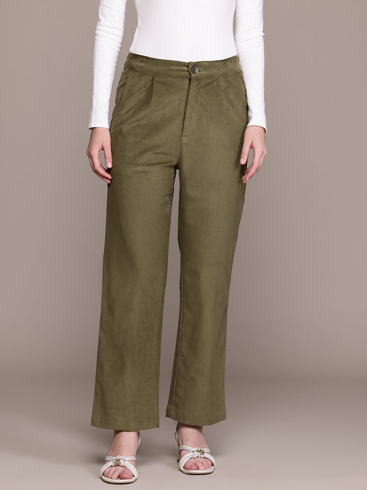 Popnetic Women Smart Straight Fit High-Rise Corduroy Pleated Trousers