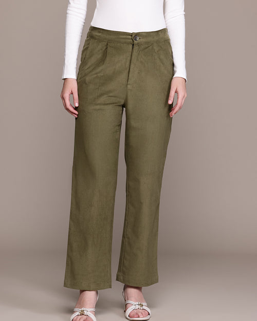 Popnetic Women Smart Straight Fit High-Rise Corduroy Pleated Trousers