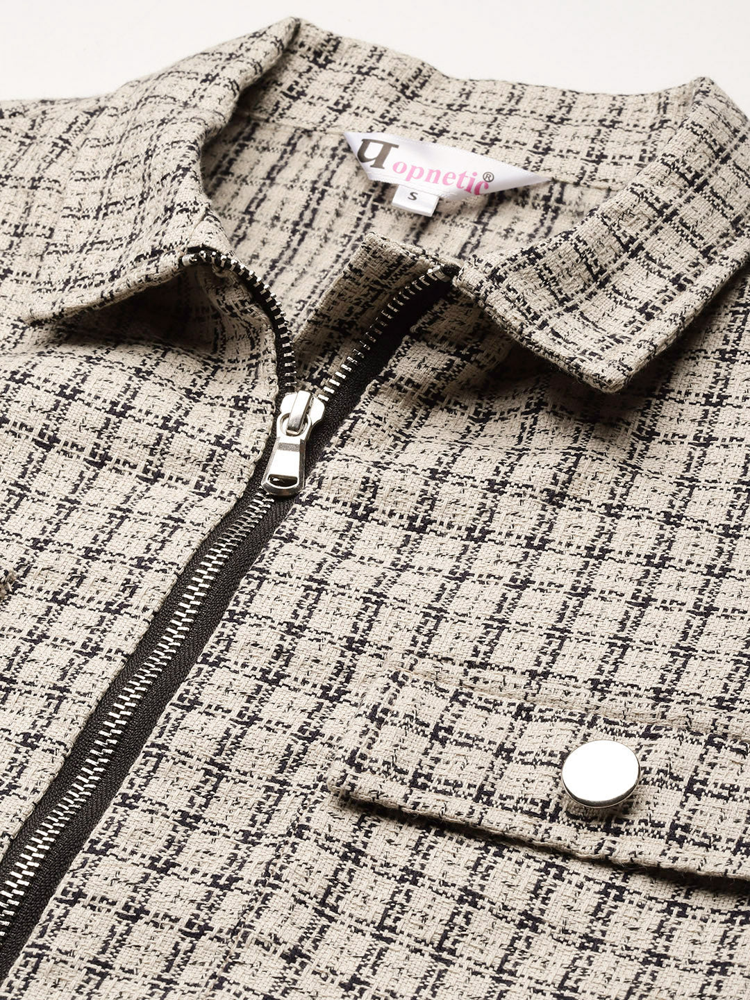 Popnetic Self-Checked Tweed Weave Pure Cotton Crop Tailored Jacket