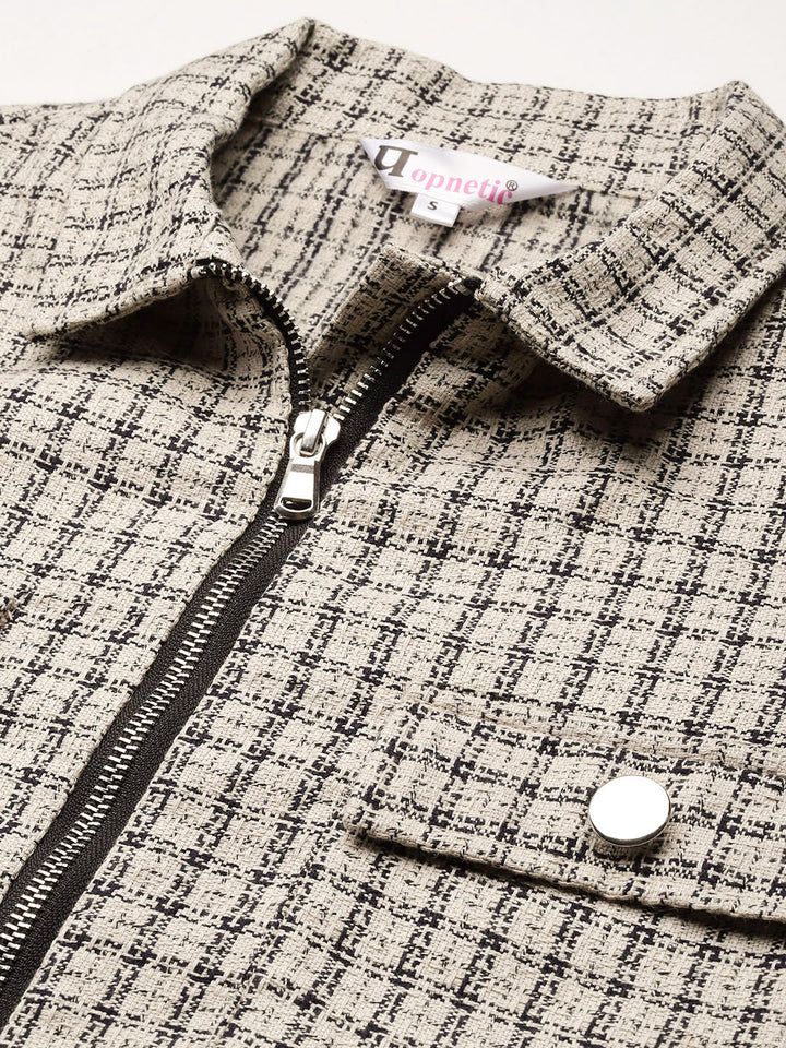 Popnetic Self-Checked Tweed Weave Pure Cotton Crop Tailored Jacket