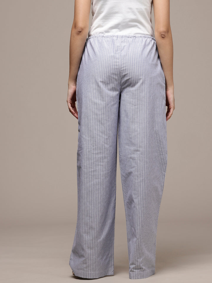 Popnetic Women Striped Cotton-Linen Wide Leg Trousers