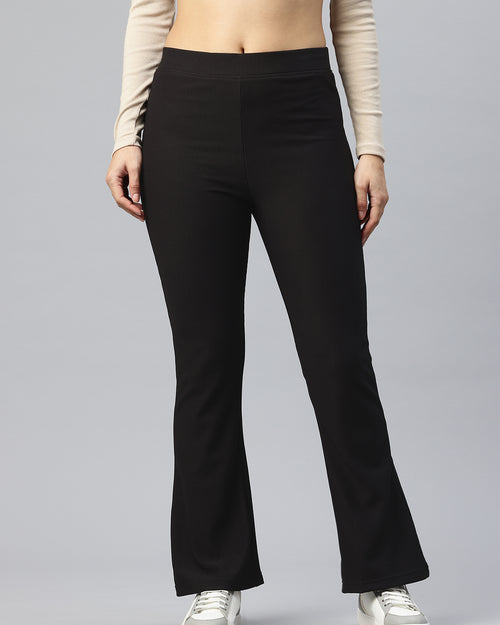 Popnetic Women Ribbed Flared High-Rise Trousers