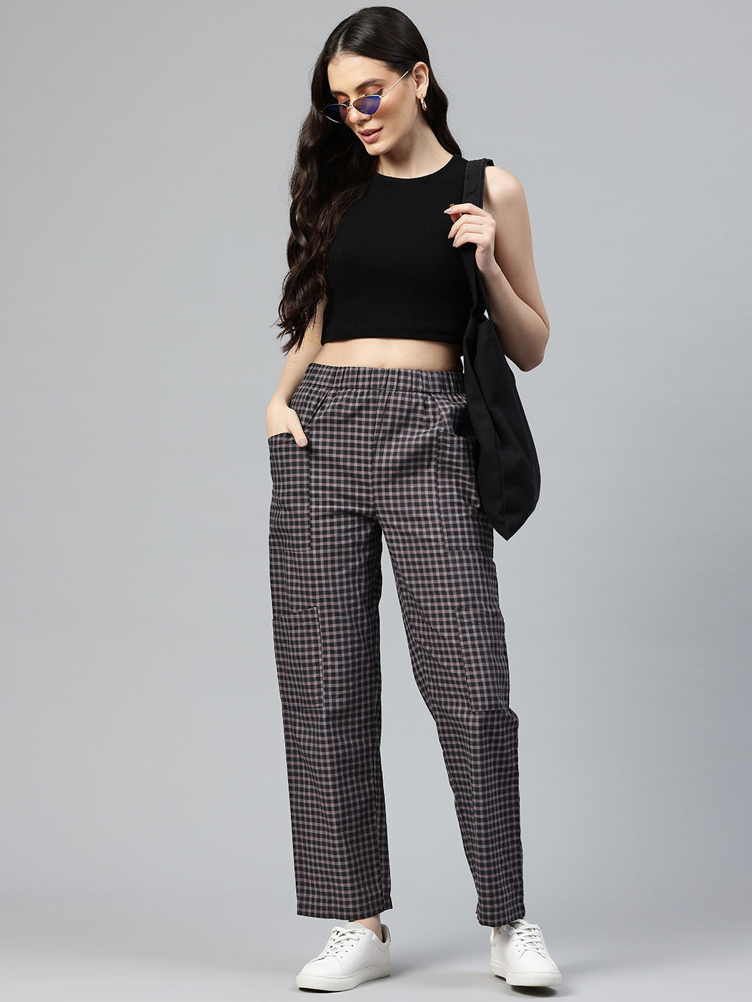 Popnetic Checked High-Rise Pleated Cargos