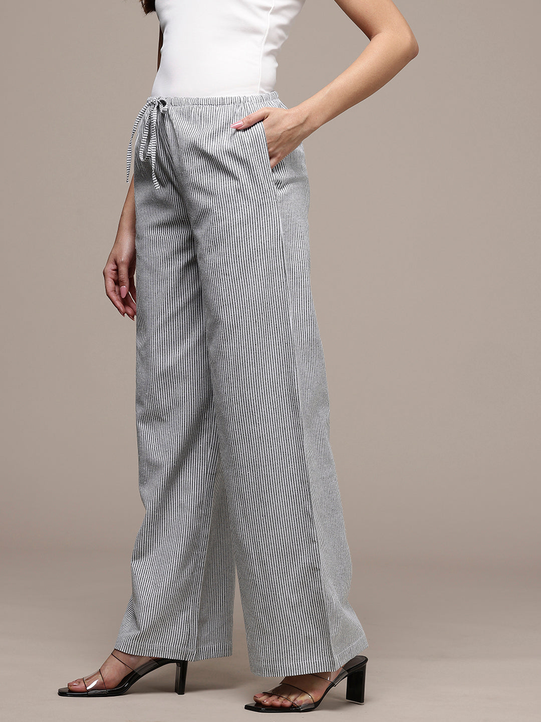 Popnetic Women Striped Cotton-Linen Wide Leg Trousers