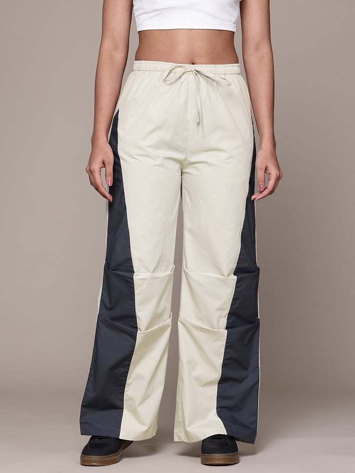 Popnetic Women Colourblocked High-Rise Pure Cotton Wide Leg Fit Parachute Trousers