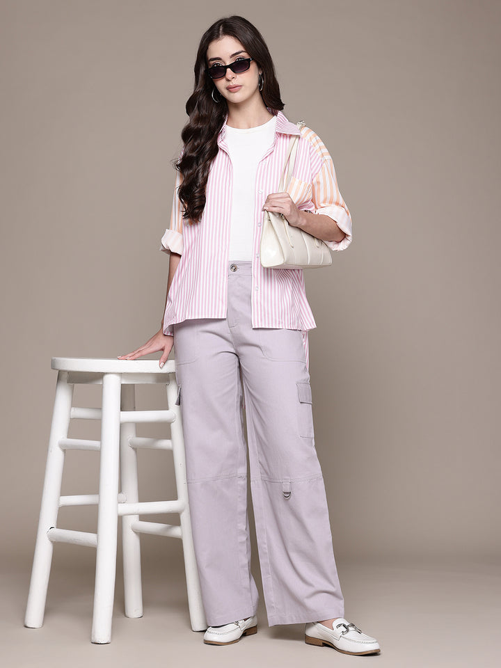 Popnetic Women High-Rise Pure Cotton Twill Weave Cargo-Style Wide Leg Trousers