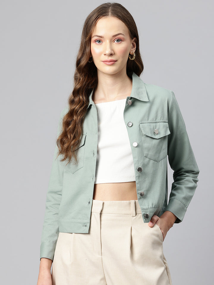 Popnetic Women Solid Pure Cotton Denim Jacket