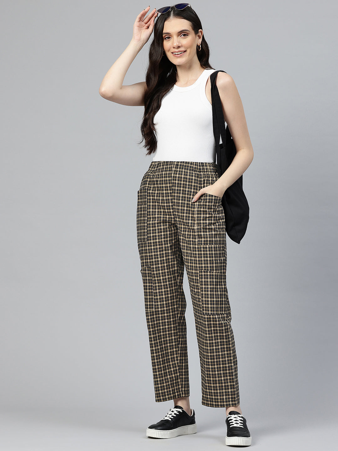 Popnetic Checked High-Rise Pleated Cargos