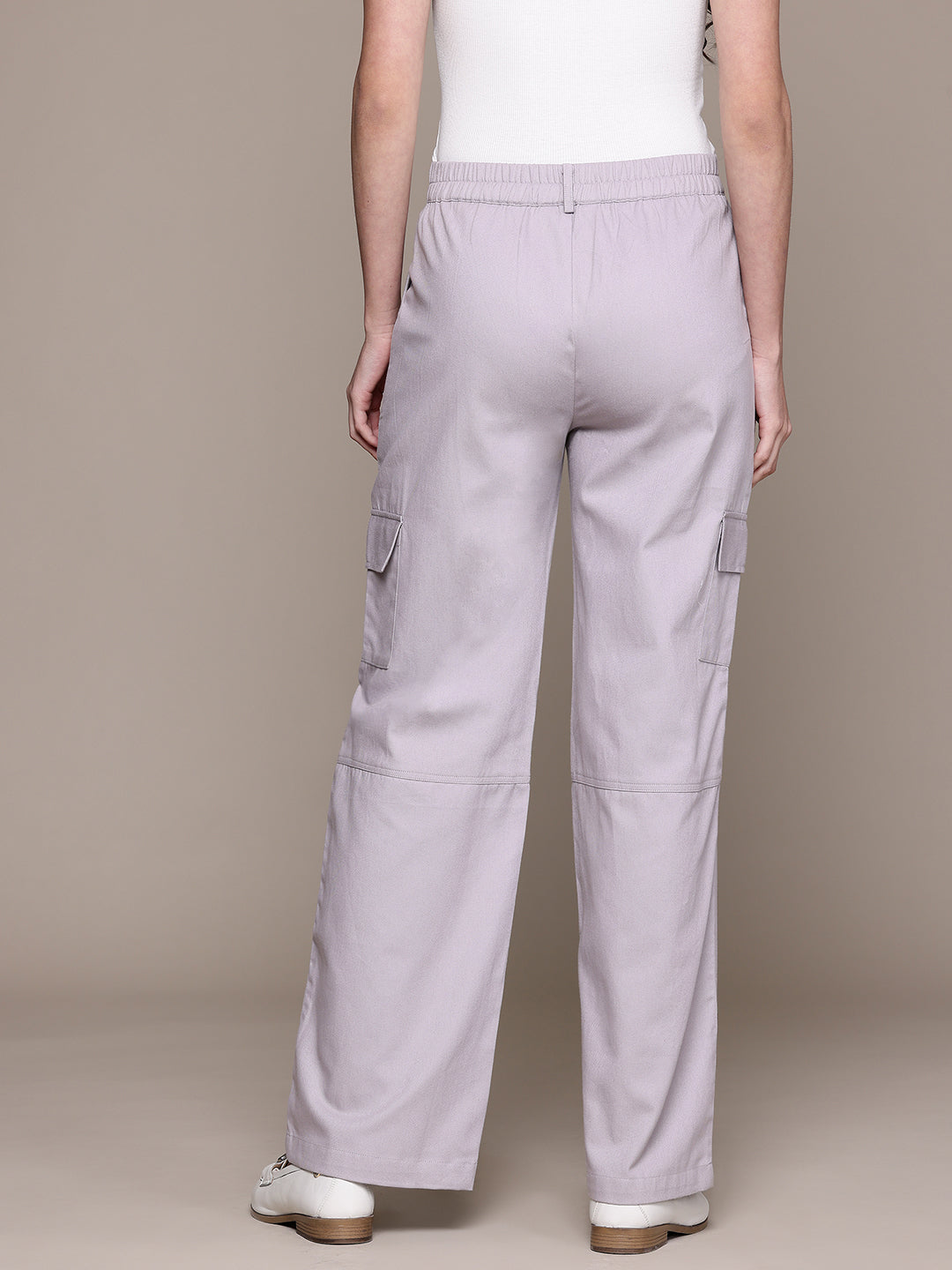 Popnetic Women High-Rise Pure Cotton Twill Weave Cargo-Style Wide Leg Trousers