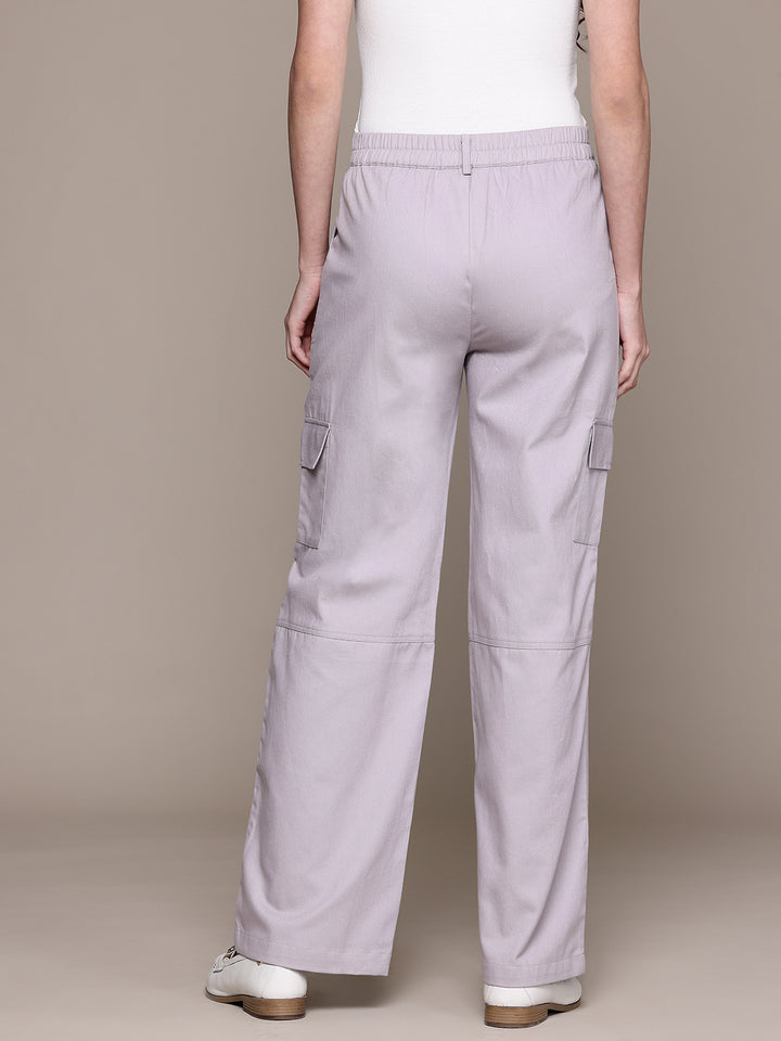 Popnetic Women High-Rise Pure Cotton Twill Weave Cargo-Style Wide Leg Trousers