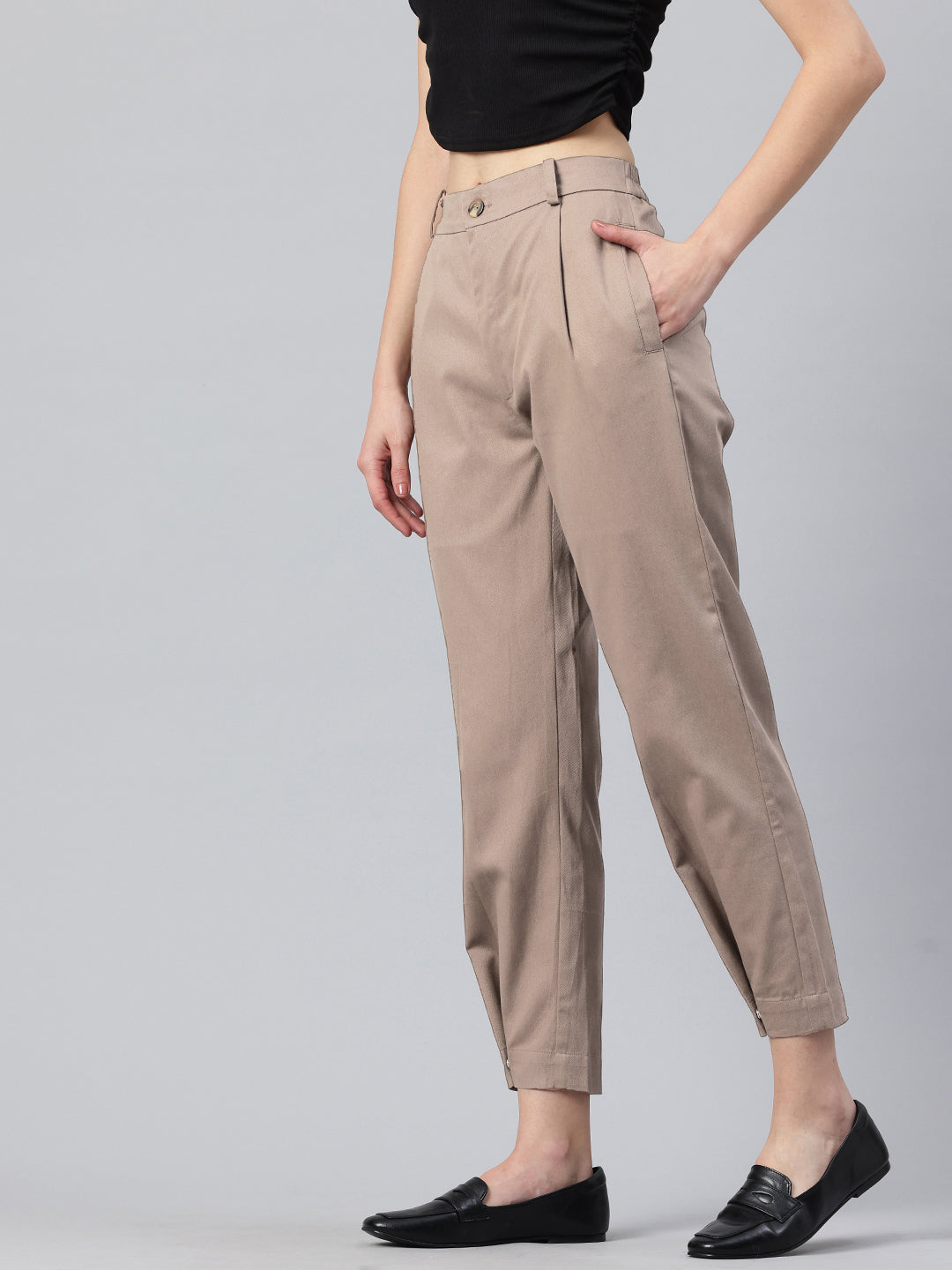 Popnetic Women Tapered Fit High-Rise Pleated Pure Cotton Chinos Trousers