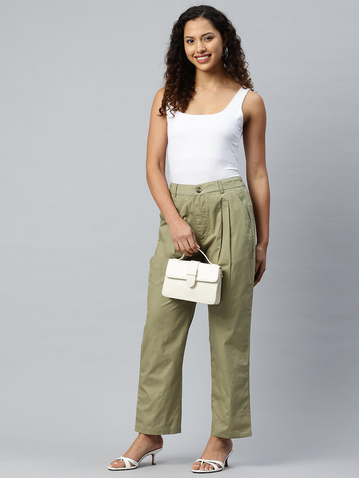 Popnetic Loose Fit High-Rise Pleated Pure Cotton Trousers