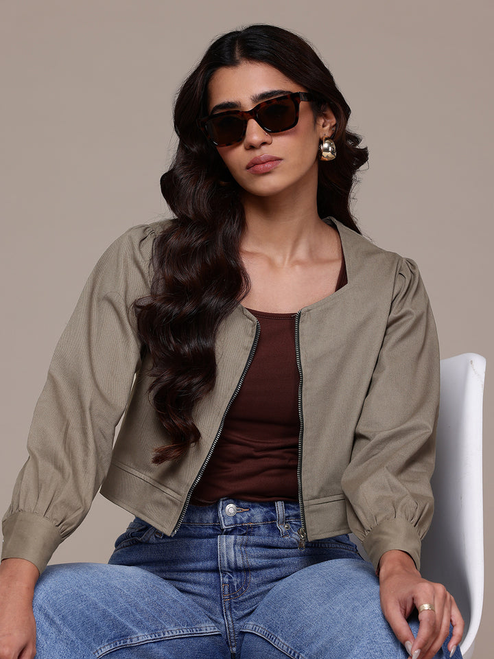 Popnetic Collarless Pure Cotton Crop Tailored Jacket