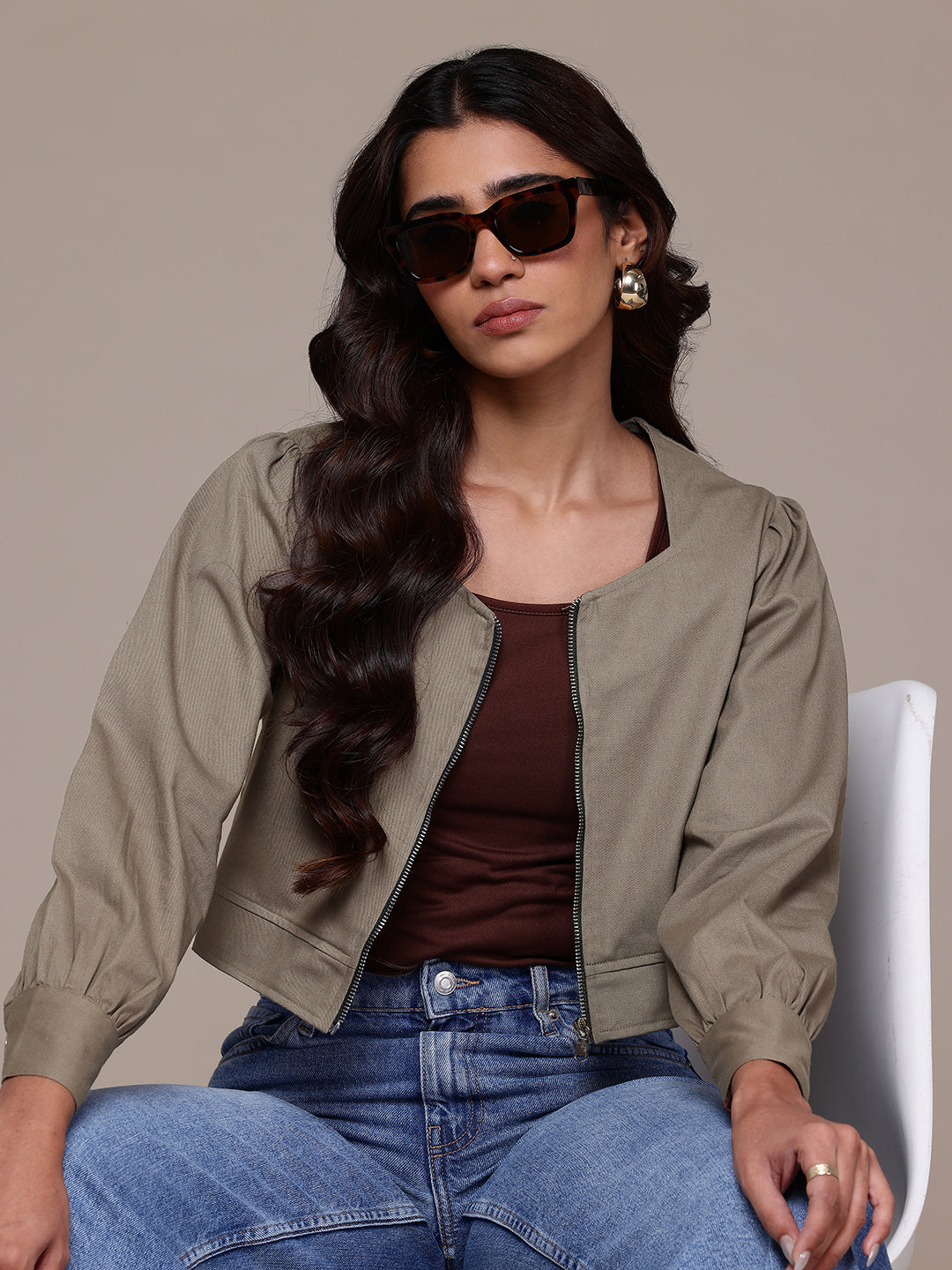 Popnetic Collarless Pure Cotton Crop Tailored Jacket