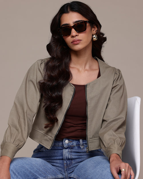 Popnetic Collarless Pure Cotton Crop Tailored Jacket