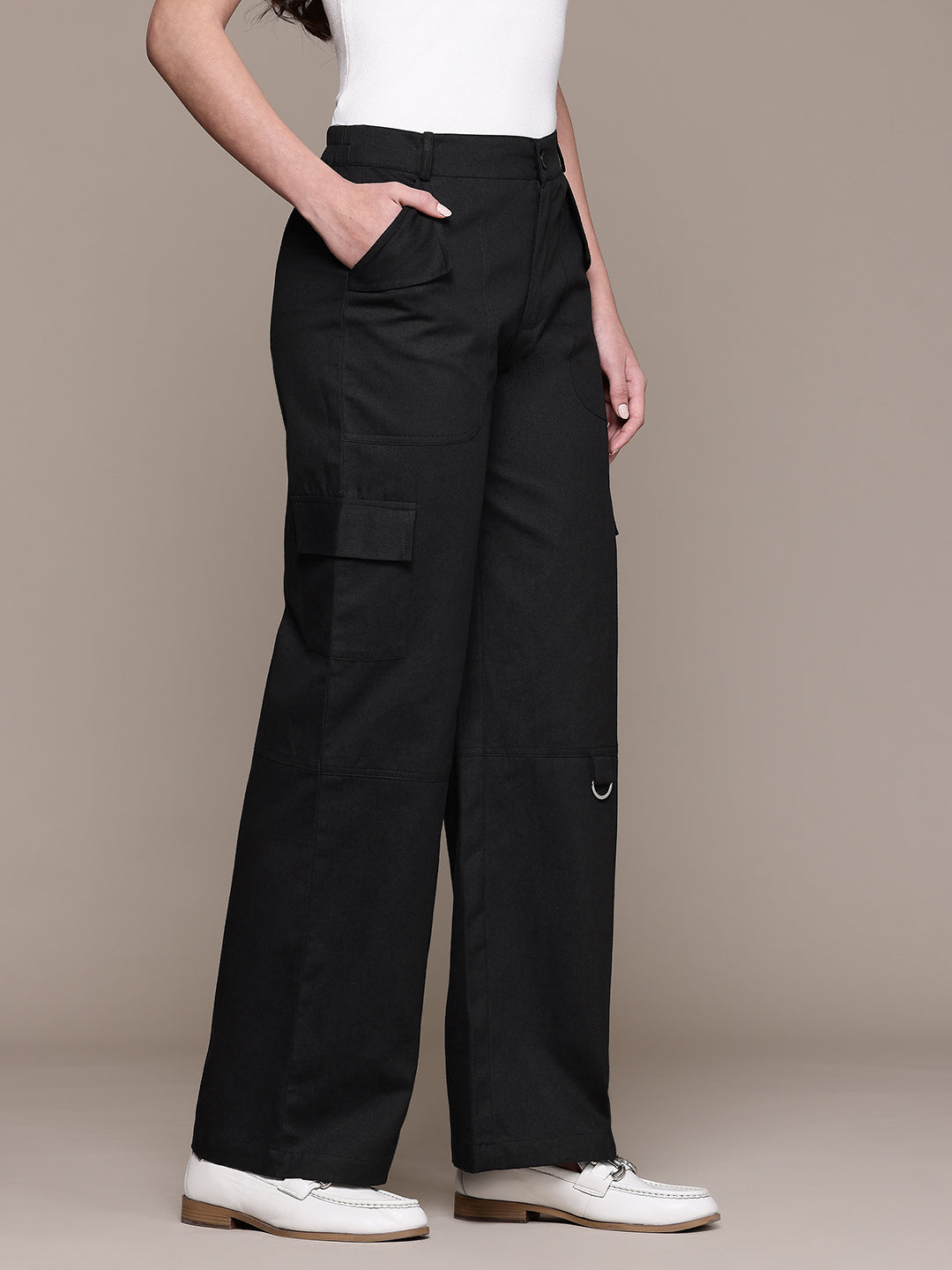 Popnetic Women High-Rise Pure Cotton Twill Weave Cargo-Style Wide Leg Trousers