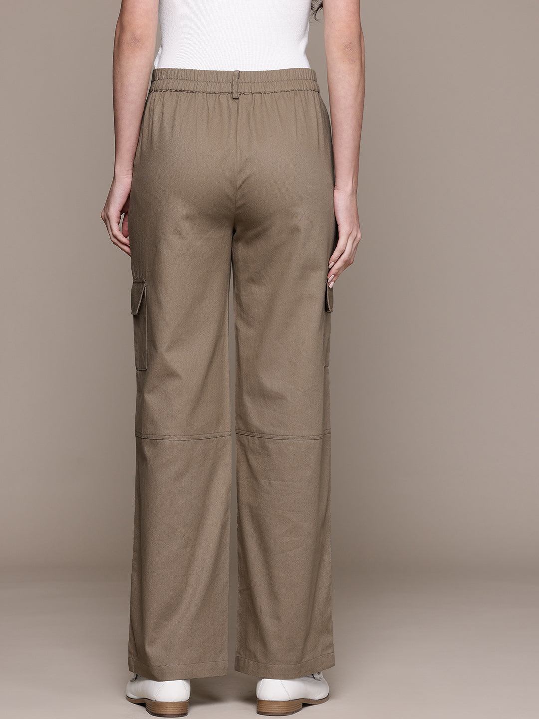Popnetic Women High-Rise Pure Cotton Twill Weave Cargo-Style Wide Leg Trousers