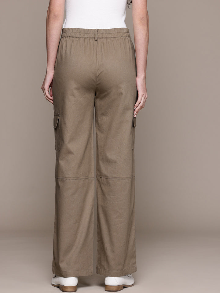 Popnetic Women High-Rise Pure Cotton Twill Weave Cargo-Style Wide Leg Trousers