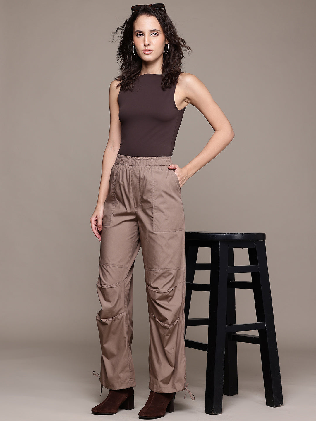 Popnetic Women Loose Fit High-Rise Parachute Cargo Trousers