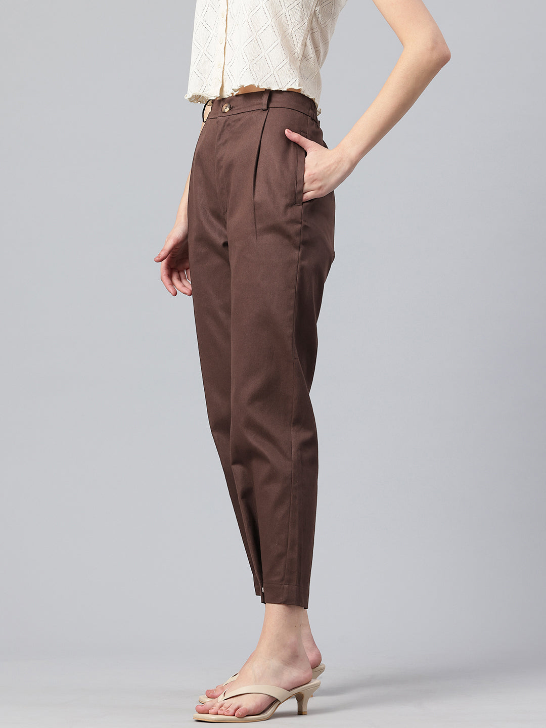 Popnetic Women Tapered Fit High-Rise Pleated Pure Cotton Chinos Trousers