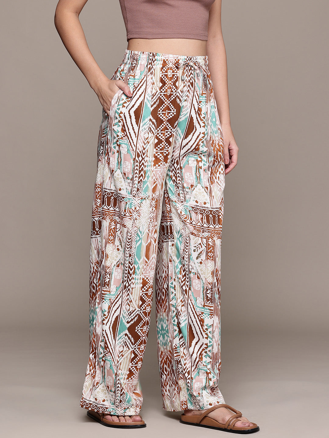 Popnetic Women Abstract Printed Relaxed Fit High-Rise Wide Leg Trousers