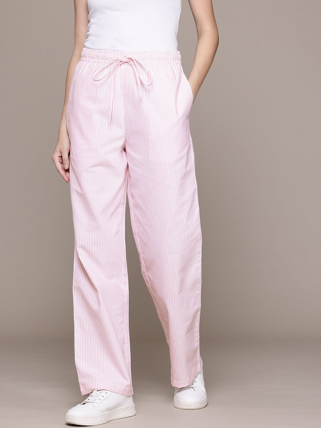 Popnetic Women Striped Smart High-Rise Cotton Linen Trousers
