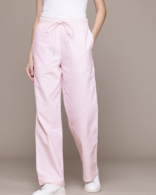 Popnetic Women Striped Smart High-Rise Cotton Linen Trousers