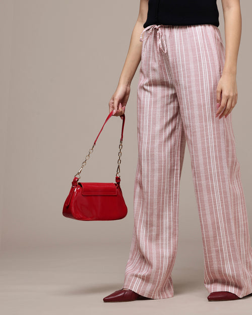 Popnetic Women Striped Cotton-Linen Wide Leg Trousers