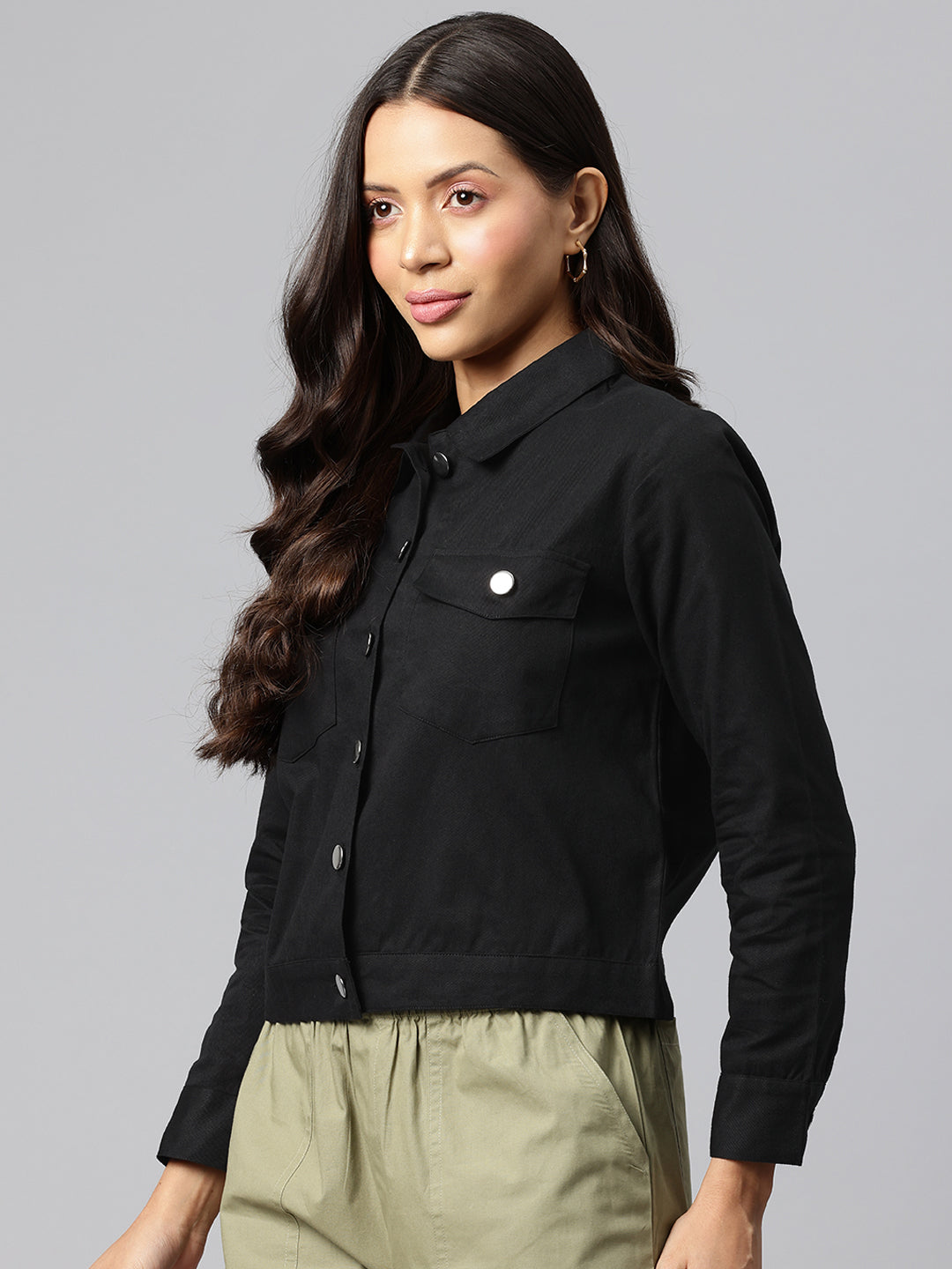 Popnetic Women Solid Pure Cotton Denim Jacket