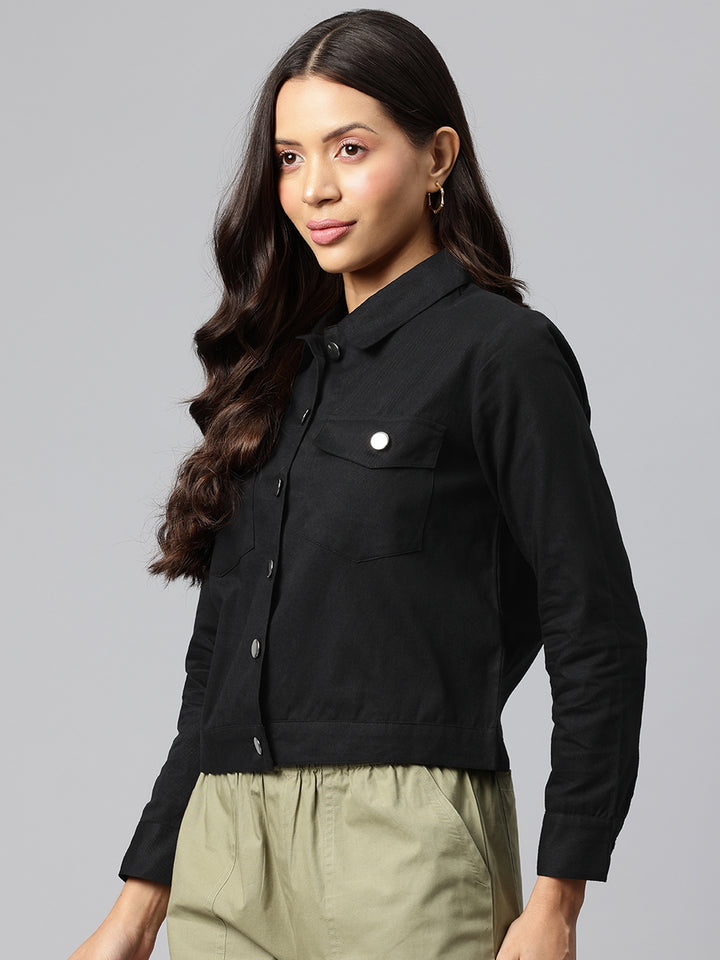 Popnetic Women Solid Pure Cotton Denim Jacket