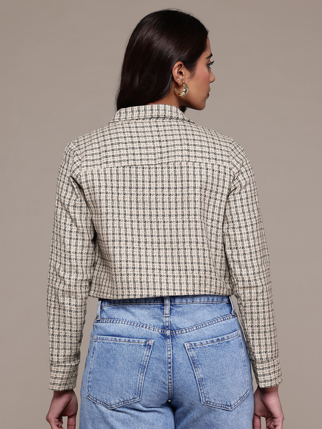 Popnetic Self-Checked Tweed Weave Pure Cotton Crop Tailored Jacket