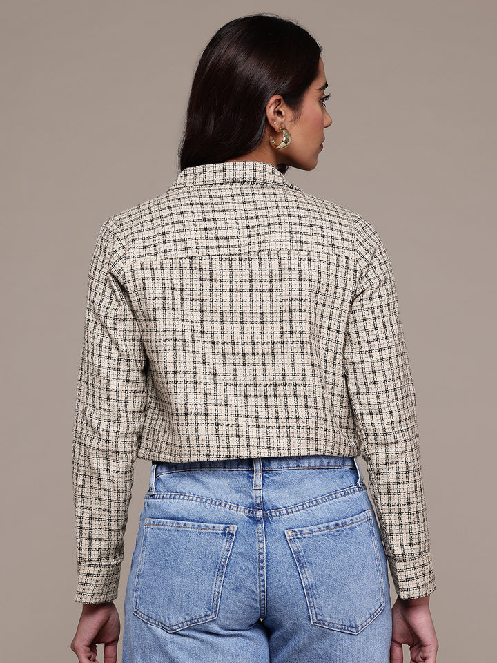 Popnetic Self-Checked Tweed Weave Pure Cotton Crop Tailored Jacket