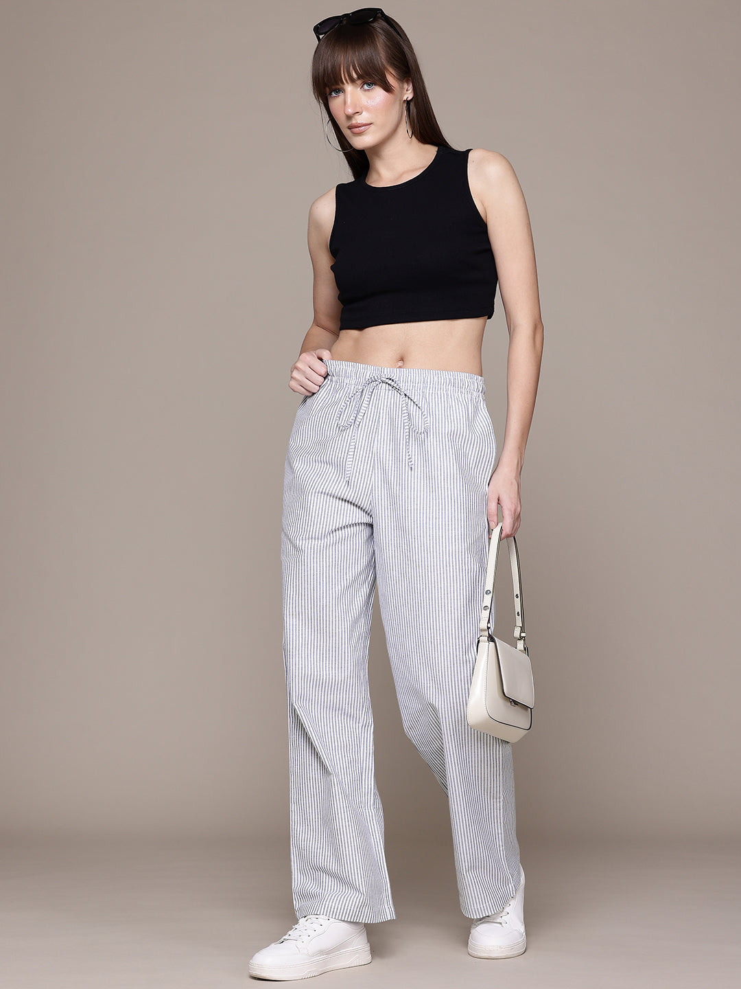 Popnetic Women Striped Smart High-Rise Cotton Linen Trousers