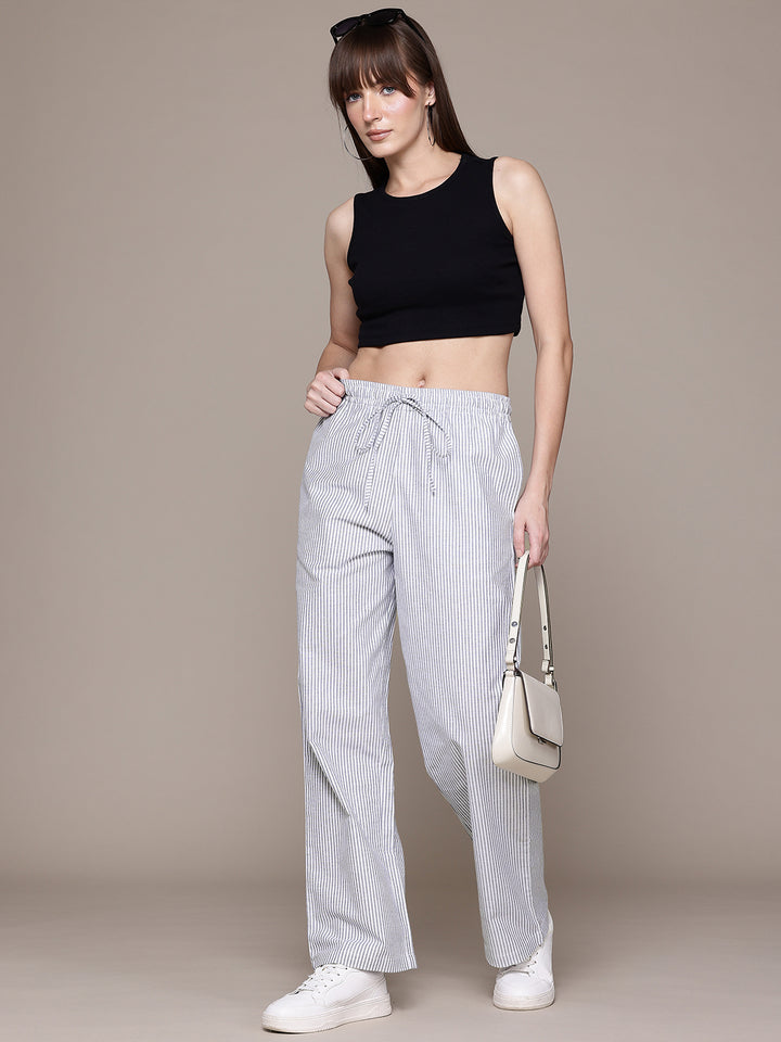 Popnetic Women Striped Smart High-Rise Cotton Linen Trousers