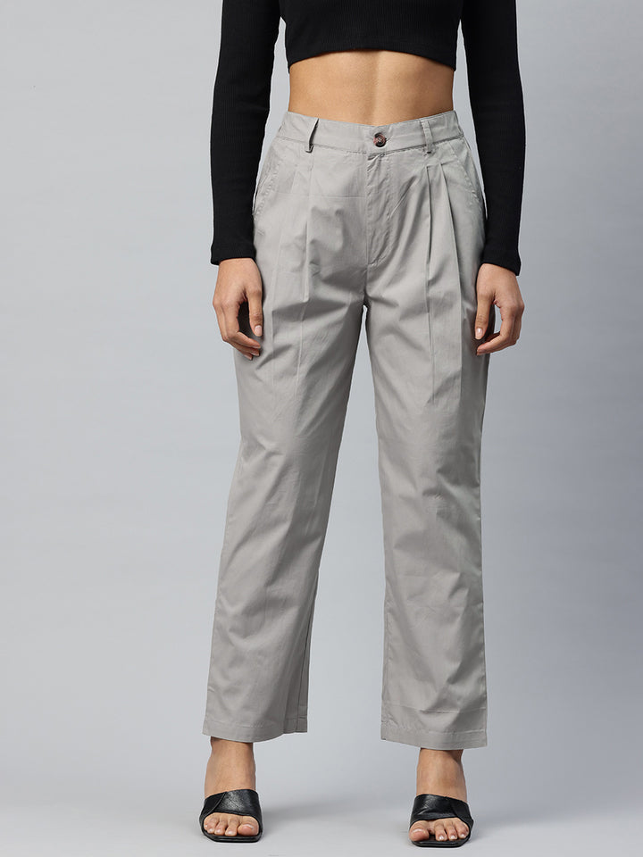 Popnetic Loose Fit High-Rise Pleated Pure Cotton Trousers