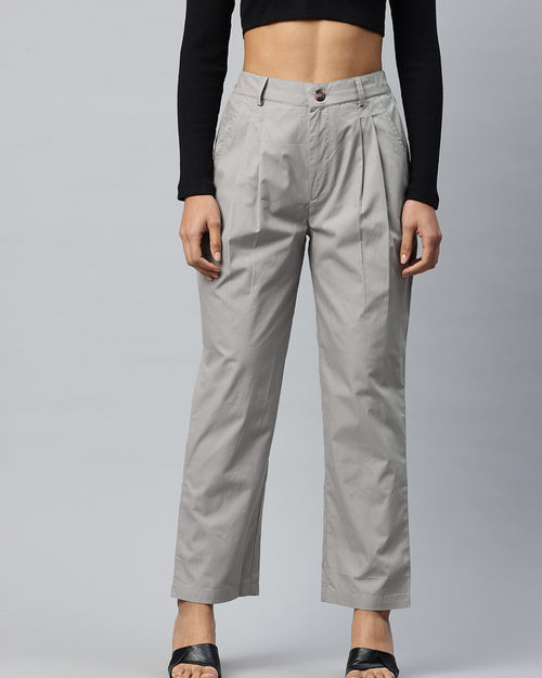 Popnetic Loose Fit High-Rise Pleated Pure Cotton Trousers