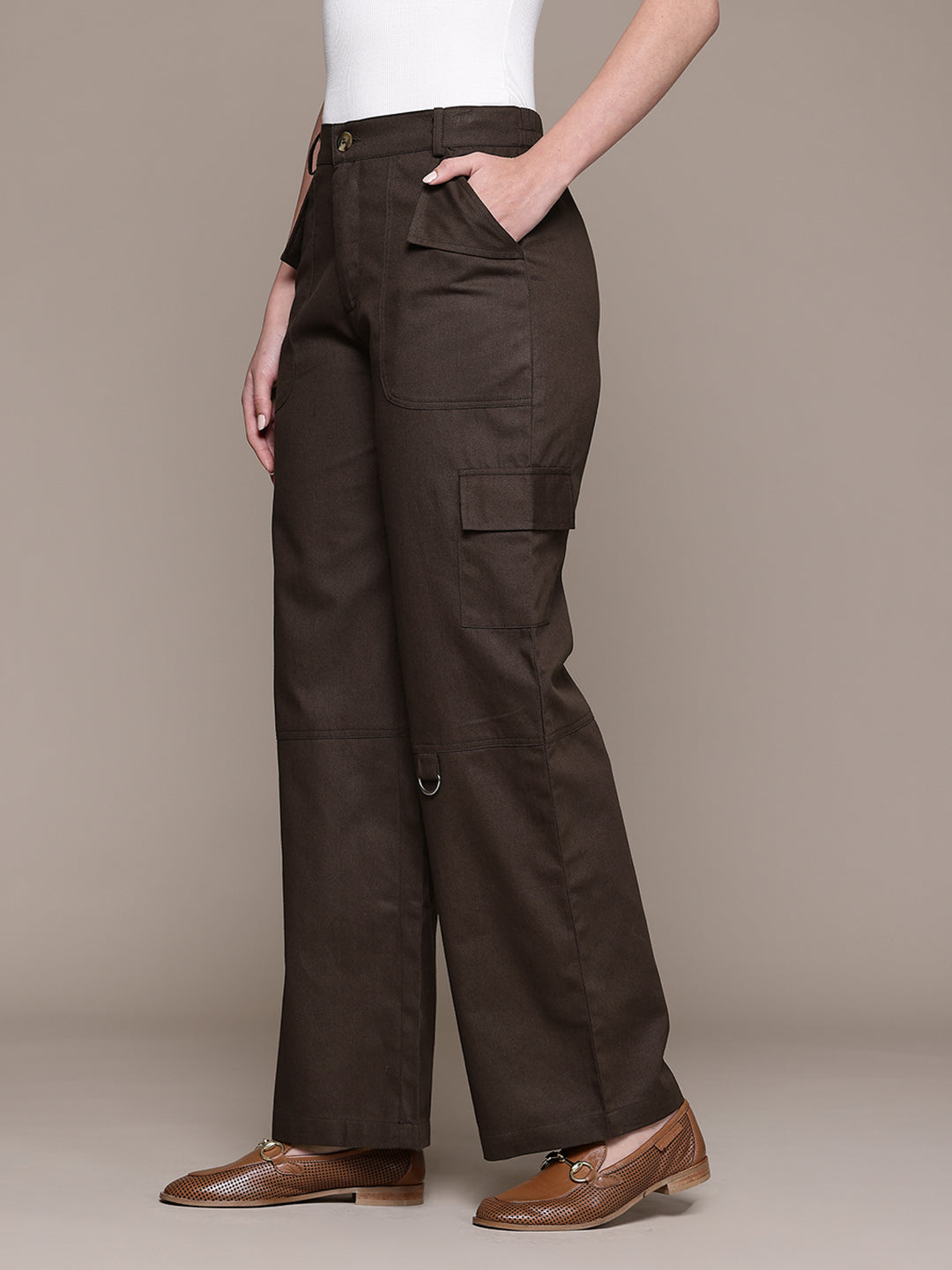 Popnetic Women High-Rise Pure Cotton Twill Weave Cargo-Style Wide Leg Trousers