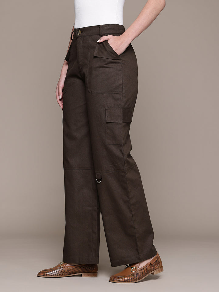 Popnetic Women High-Rise Pure Cotton Twill Weave Cargo-Style Wide Leg Trousers