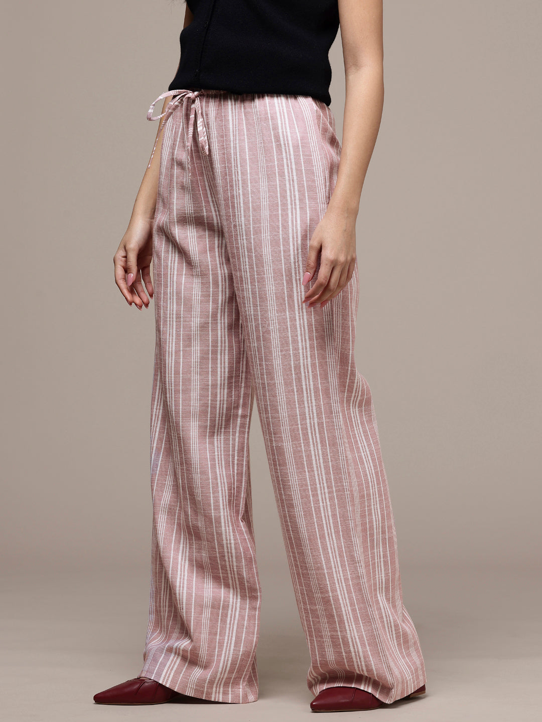 Popnetic Women Striped Cotton-Linen Wide Leg Trousers