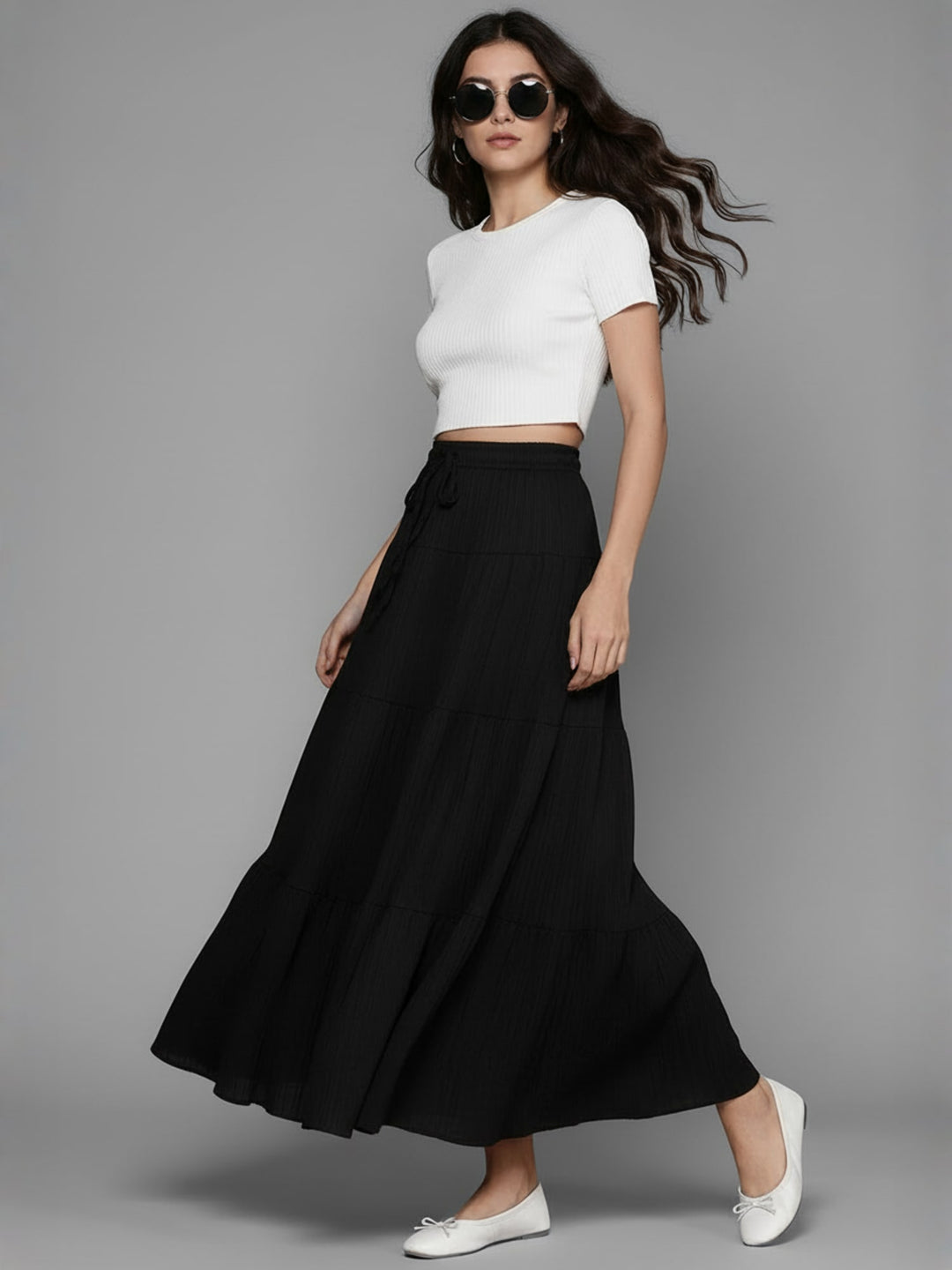 Popnetic Textured Tiered Maxi Skirt
