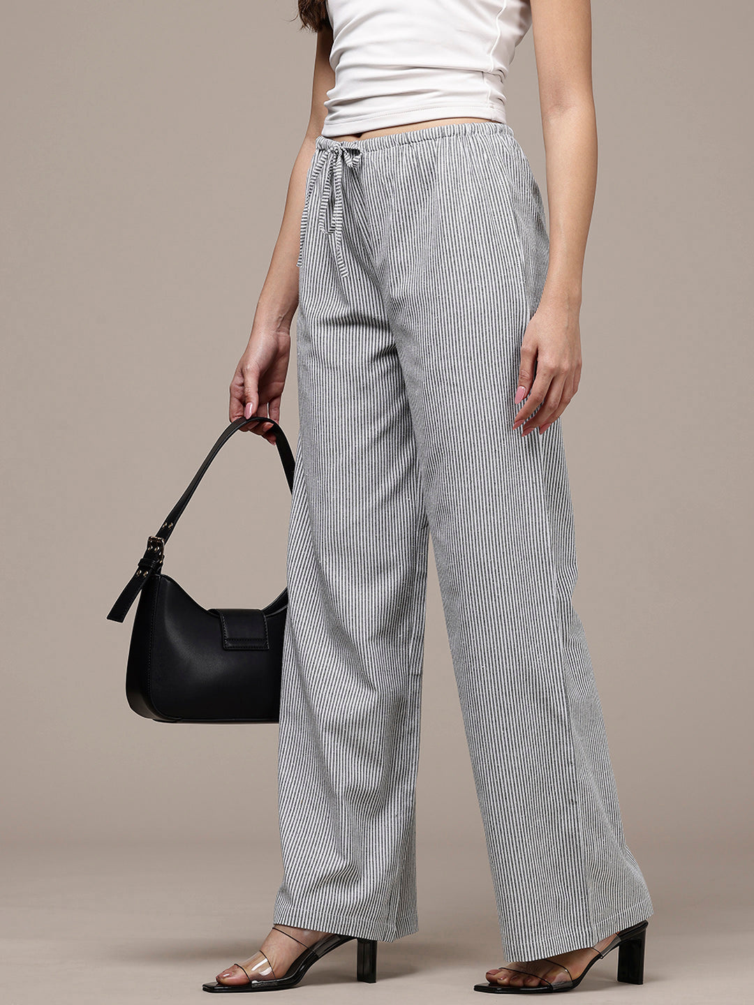 Popnetic Women Striped Cotton-Linen Wide Leg Trousers