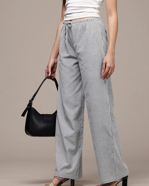 Popnetic Women Striped Cotton-Linen Wide Leg Trousers