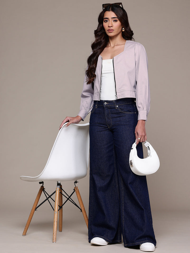 Popnetic Collarless Pure Cotton Crop Tailored Jacket