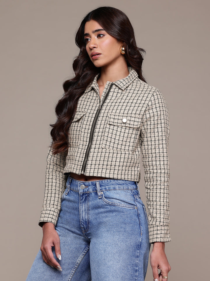 Popnetic Self-Checked Tweed Weave Pure Cotton Crop Tailored Jacket